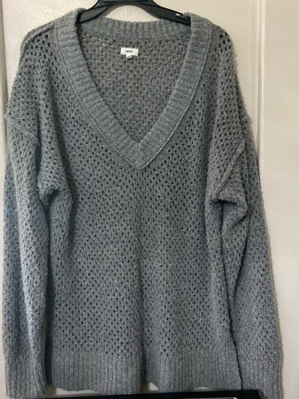 aerie Gray Open-Knit V-Neck Sweater